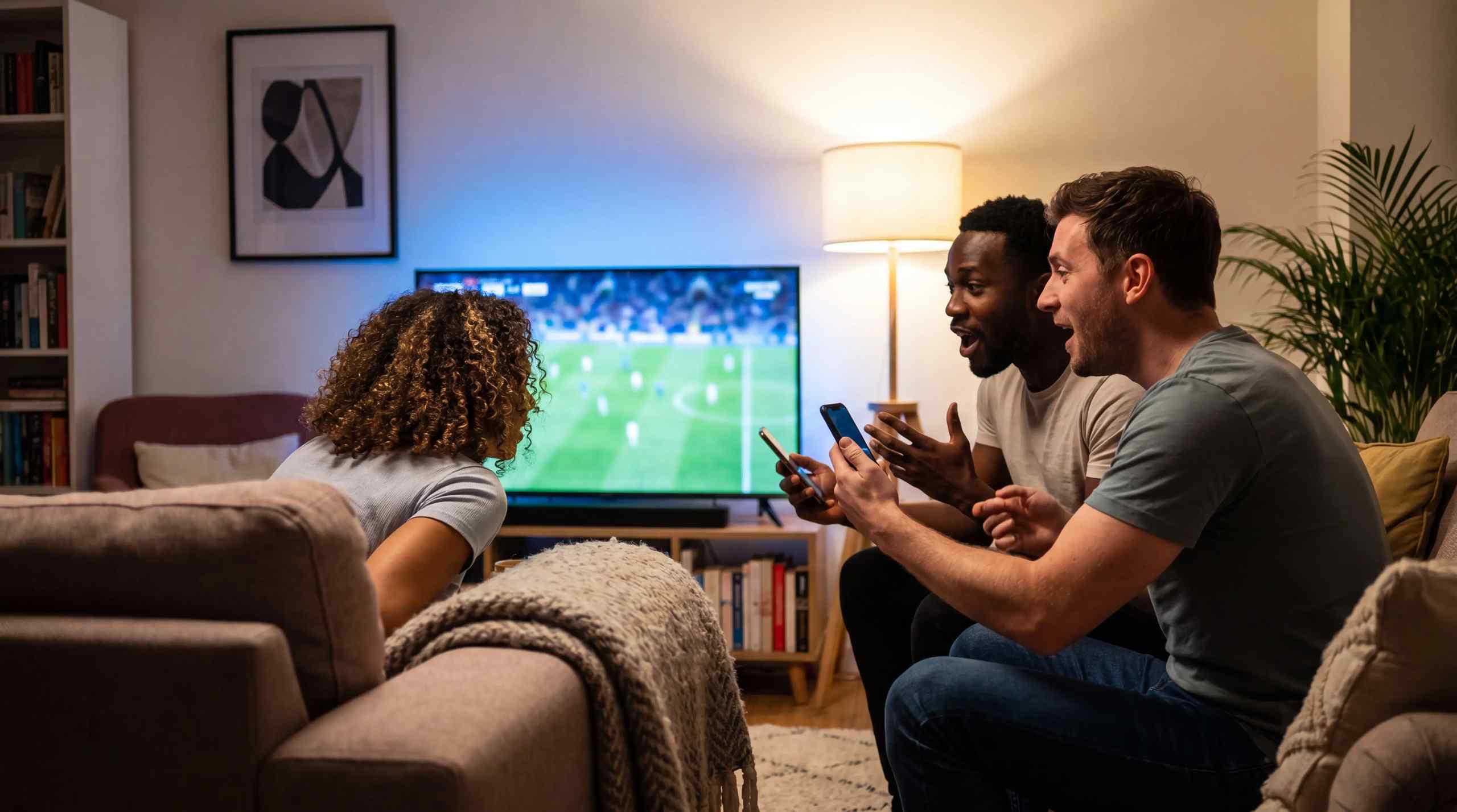 Three sports fans watching a game while checking their phones.